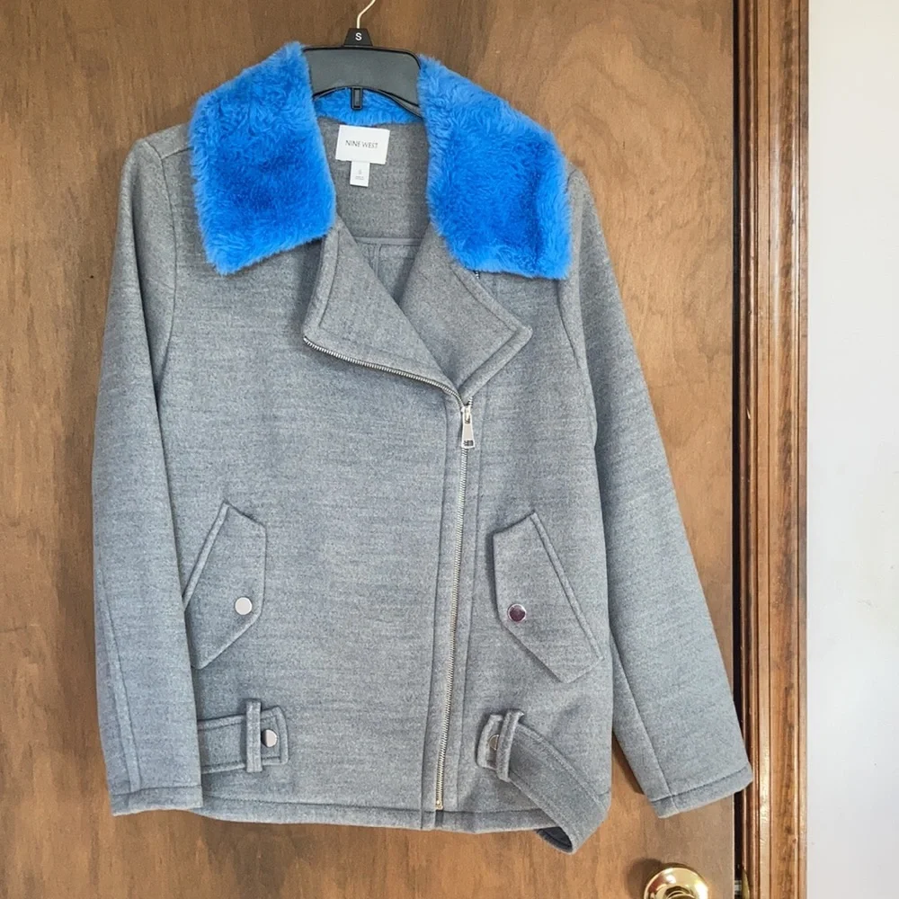 Nine West coat faux fur collar blue collar gray coat moto like style S - Picture 5 of 17